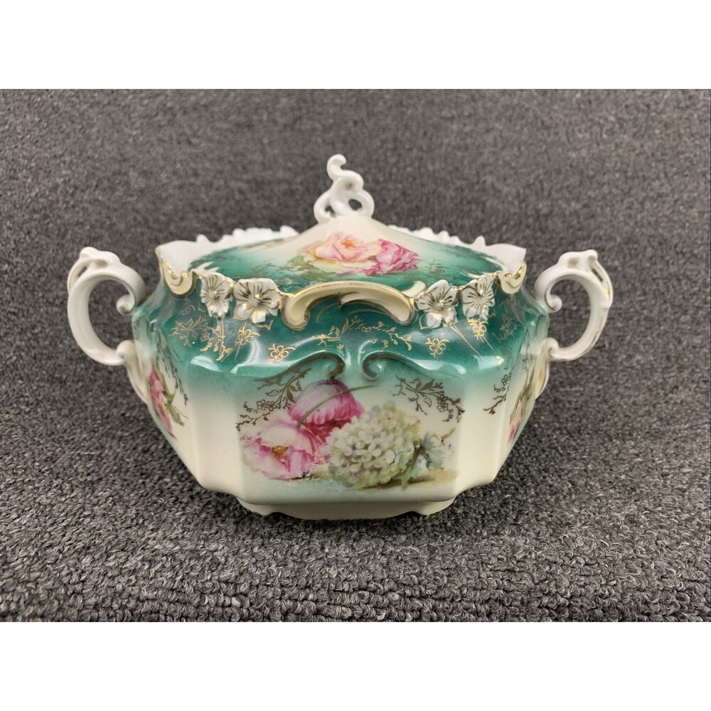 Antique RS Prussia Biscuit Cracker Jar Porcelain Iris Mold Floral Roses *As Is*